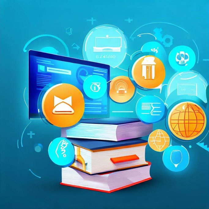 Colorful digital icons surround stacked books, representing online learning and information access.