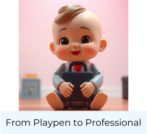 A smiling baby in a suit sits holding a tablet, with a pink background.